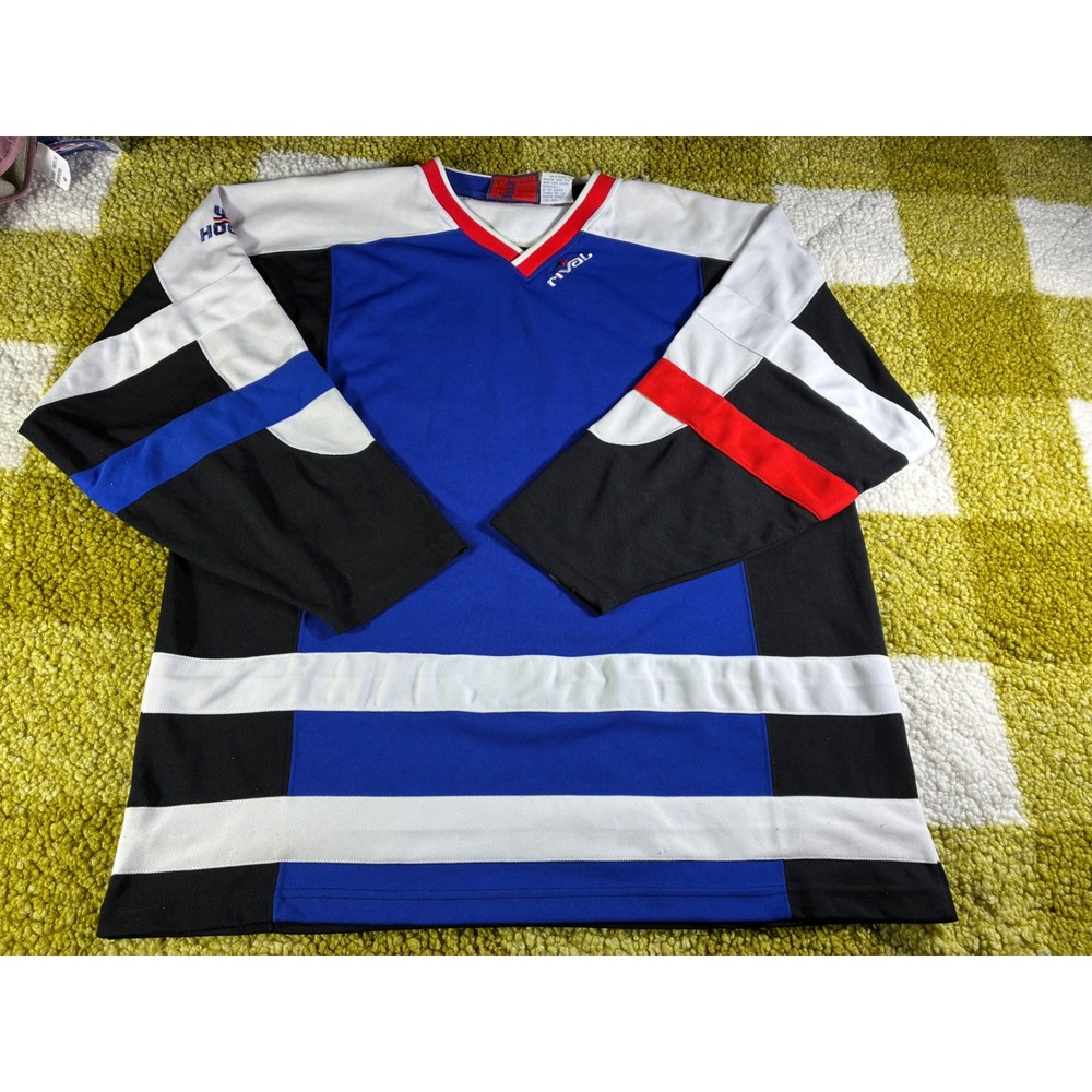 Vintage USA Hockey Jersey Rival Colorblock Blue Black White Mens XL‎ XLG